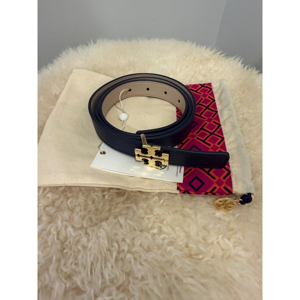 Tory Burch Reversible Logo Belt 1 Inch Hudson Bay Light Oak Navy Tan Size M